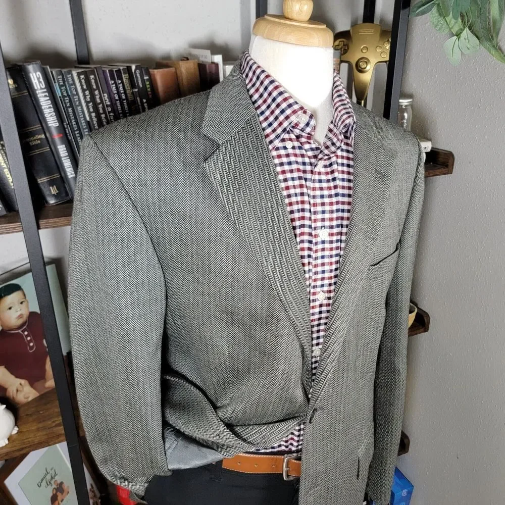 Nautica Men's Sport Coat Blazer Two Button Gray Herringbone Lambs Wool Blend 44L